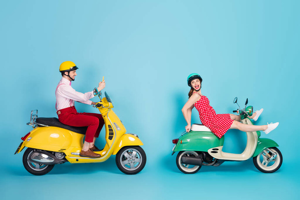Full length photo funky two people rider have motor bike vacation girl sit chopper fellow guy make photo smartphone wear formalwear fashion clothes isolated blue color background - Foto, Bild
