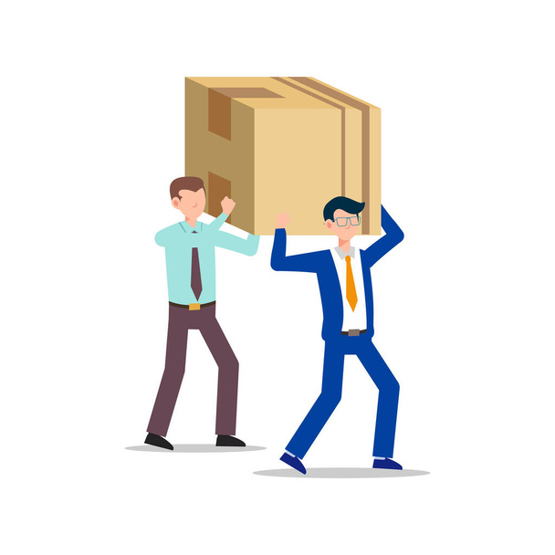 Мультфильм персонаж иллюстрация двух бизнес-молодой человек ходить нести большую коробку вместе. Плоский дизайн изолирован на белом фоне
. - Вектор,изображение