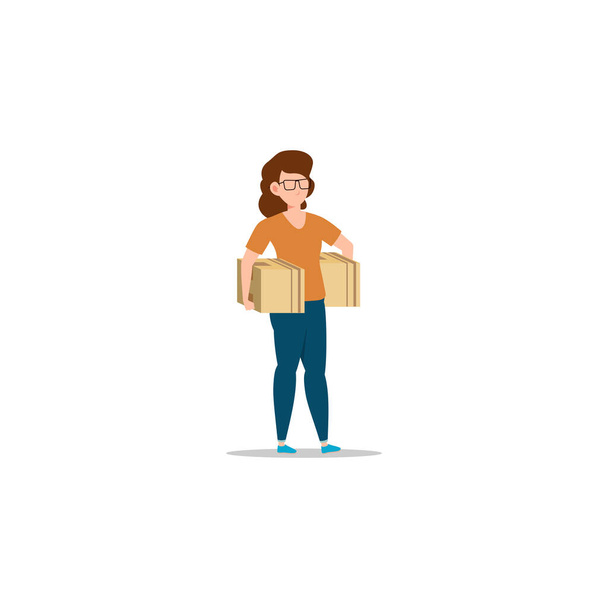Illustration de personnage de bande dessinée de jeune femme livraison de courrier debout tout en portant deux boîtes. Design plat isolé sur fond blanc
. - Vecteur, image
