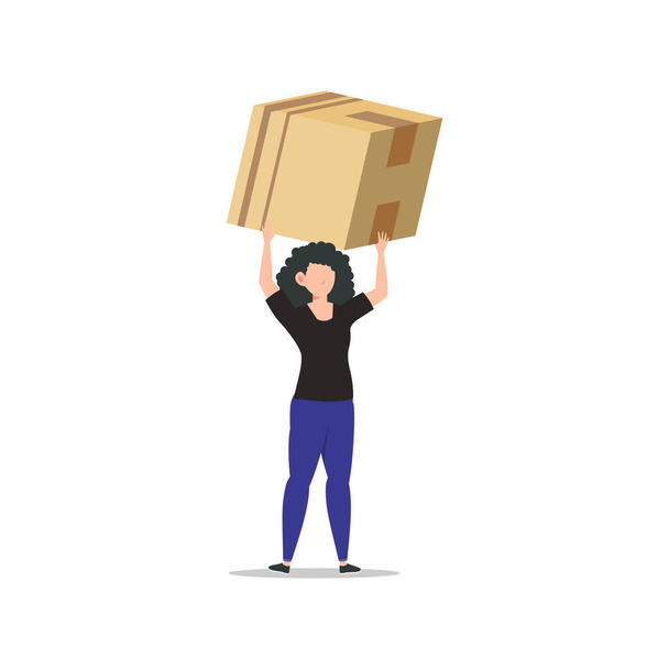 Персонаж мультфильма иллюстрация молодой женщины курьерской доставки стоя нести большой ящик. Плоский дизайн изолирован на белом фоне
. - Вектор,изображение