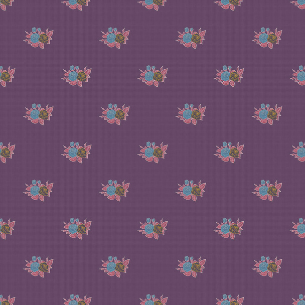 Cute raster rose flowers and leaves print. Raster illustration. Floral vintage seamless pattern in gray, pink and purple colors. - Vector, Image