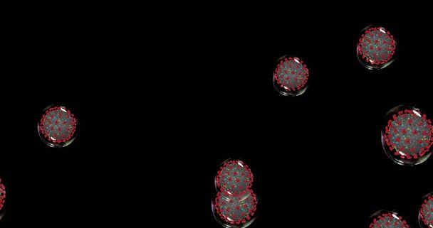 Cellule di coronavirus. Piccole goccioline con patogeni di diffusione Covid-19. Gruppo di animazione di virus che causano infezioni respiratorie. Illustrazione 3D di rendering - Foto, immagini