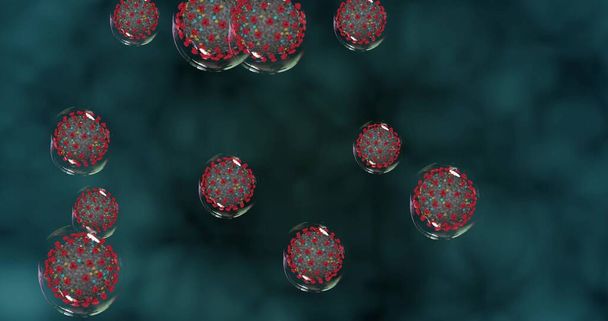 コロナウイルス細胞。Covid-19拡散病原体を持つ小さな液滴。呼吸器感染症を引き起こすウイルスのアニメーショングループ。3Dレンダリング3Dイラスト - 写真・画像