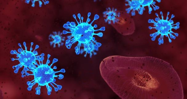 Células de coronavírus. Grupo de animação de vírus que causam infecções respiratórias ao microscópio. Renderização 3D, ilustração 3D - Foto, Imagem