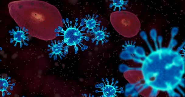 Células del Coronavirus. Grupo de animación de virus que causan infecciones respiratorias bajo el microscopio. Renderizado 3D, ilustración 3D - Foto, imagen