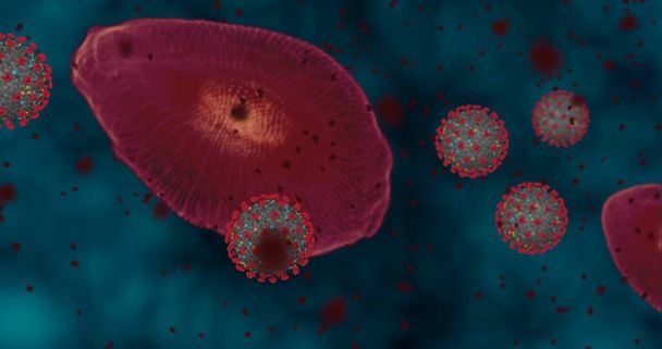 Hoge concentratie Coronavirus ziekte Covid-19. Animatie groep van virussen en rode bloedcellen sluiten onder de microscoop. 3D weergave 3D illustratie - Foto, afbeelding