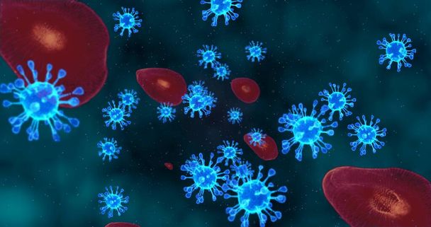 Coronaviruscellen. Animatie groep virussen die respiratoire infecties veroorzaken onder de microscoop. 3D weergave, 3D illustratie - Foto, afbeelding