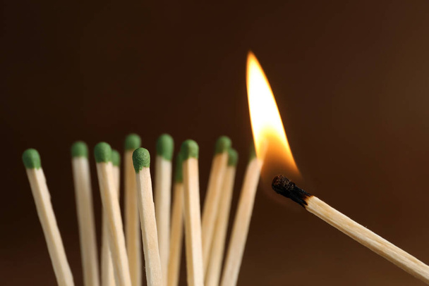 Burning match near unlit ones on brown background, closeup - Photo, image