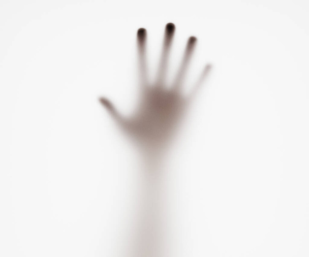 3D Illustration of a hand behind the frosted glass window. Violence, fear, trapped and panic concept. - Photo, Image