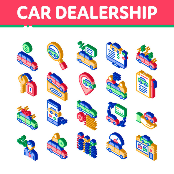 Αυτοκίνητο Dealership Shop Icons Ορισμός διάνυσμα. Ισομετρική συμφωνία διανομής αυτοκινήτων και έγγραφο, αυτόματο σαλόνι και οικοδόμηση, κλειδί και Gps Mark Εικονογραφήσεις - Διάνυσμα, εικόνα