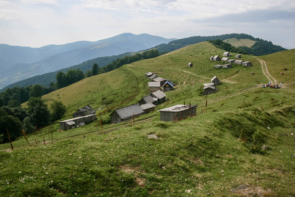 小さな田舎の家や動物の農場の景色。山の中でハイキング旅行ライフスタイルの概念。カルパチアでの休暇の活動屋外の旅,ウクライナ - 写真・画像