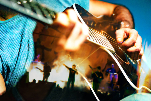 Playing guitar and concert concept.Live music background.Music festival.Instrument on stage and band.Stage lights.Abstract musical background - Photo, Image