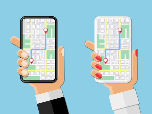 People's hands holding phones. Mobile navigation concept. Flat design vector illustration - Vector, Image