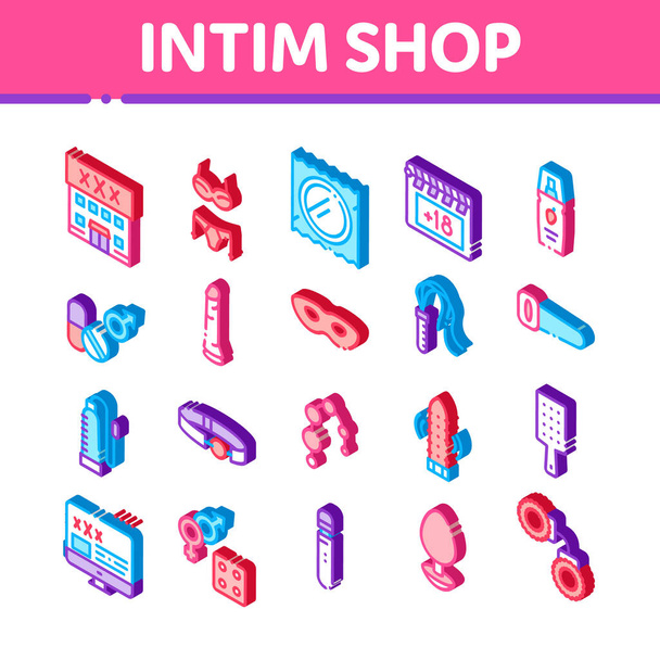 Intim Shop Sex Toys ikonok beállítva vektor. Izometrikus Intim Shop épület és internetes honlap, gallér és bilincs, maszk és óvszer illusztrációk - Vektor, kép
