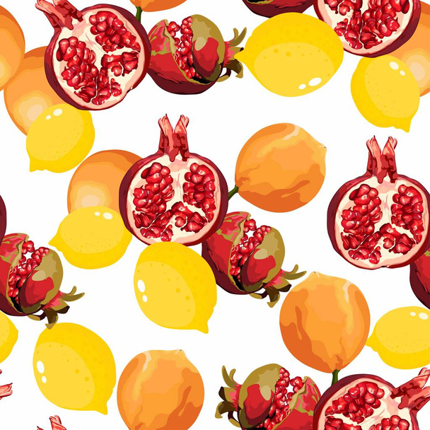 Trooppisia hedelmiä Saumaton tausta, Summer Pattern. Appelsiinit, sitruunat, granaattiomenat. - Vektori, kuva