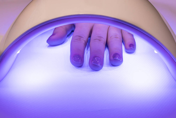 Secar las uñas con gel esmalte shellac en una lámpara. Cuidado de uñas en casa. Luz UV, accesorios para manicura
. - Foto, Imagen