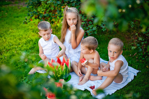 Bambini divertenti che mangiano anguria all'aperto nel parco estivo. Bambino, bambino, cibo sano - Foto, immagini