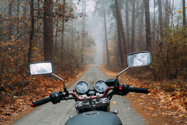 Motocykl na drodze w mglistym lesie sosnowym. Deszczowy dzień.Zdjęcia z fotela kierowcy. - Zdjęcie, obraz