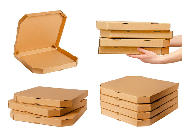 Συλλογή χάρτινων κουτιών πίτσας σε λευκό χρώμα. - Φωτογραφία, εικόνα