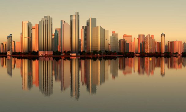 Skyline panoramique de bâtiments de gratte-ciel en verre et en acier réfléchi dans l'arrosoir dans la lumière du crépuscule, illustration 3D stylisée
 - Photo, image