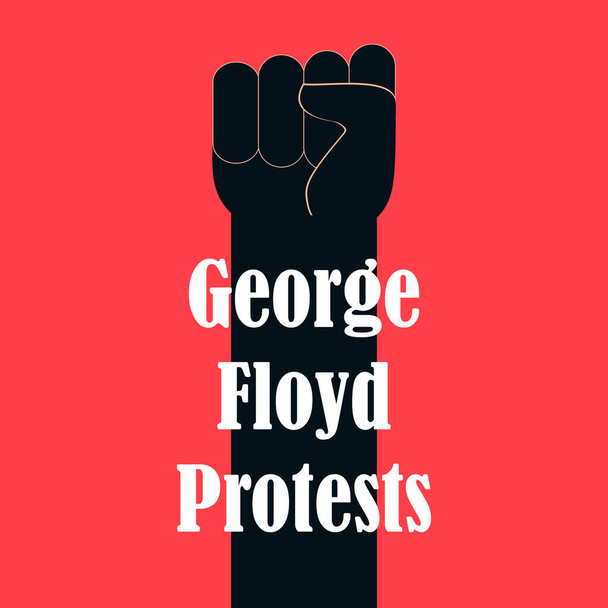 Ο Τζορτζ Φλόυντ διαμαρτύρεται. Διαδήλωση, διαμαρτυρία με υψωμένα χέρια. Μαύρη σιλουέτα βραχίονα σε κόκκινο φόντο. Μπάνερ, πλακάτ. Εικονογράφηση διανύσματος. - Διάνυσμα, εικόνα