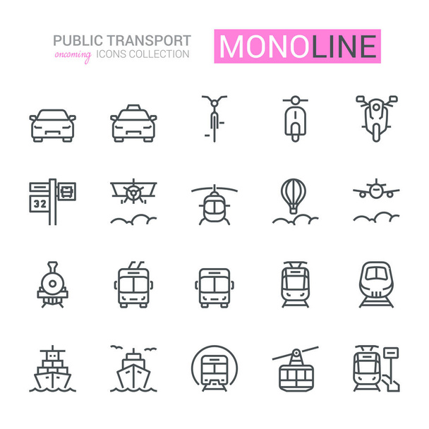 Εικονίδια δημόσιων μεταφορών, έρχεται / μπροστινή άποψη, Monoline έννοια. - Φωτογραφία, εικόνα