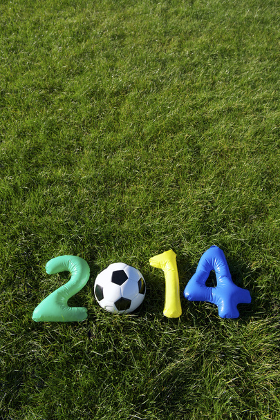 Blue Green Yellow Football 2014 Message Grass Background - Foto, imagen
