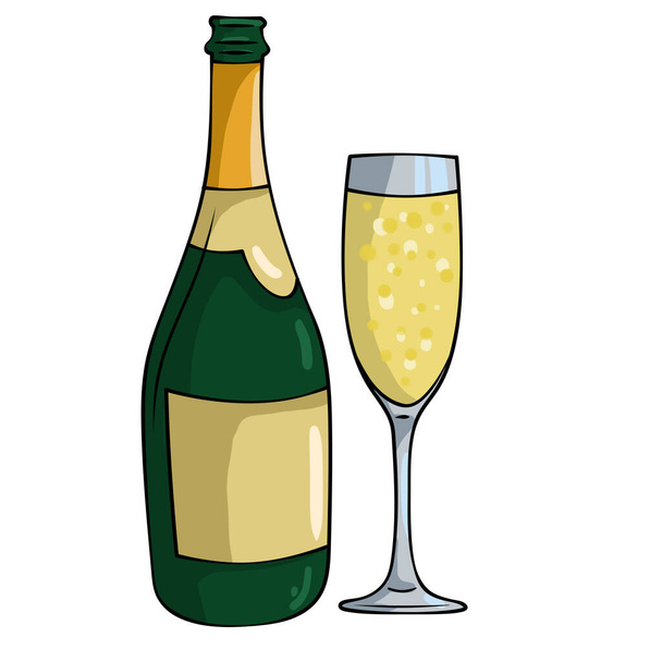 Bottle of champagne with a glass on white background. - Zdjęcie, obraz