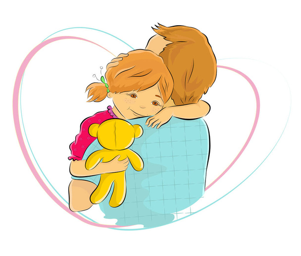 Κινούμενα σχέδια έγχρωμη διανυσματική απεικόνιση ενός κοριτσιού που κρατά το αρκουδάκι της και αγκαλιάζει τον πατέρα της με βαθιά αγάπη. Χαρούμενη Ημέρα του Πατέρα - Διάνυσμα, εικόνα
