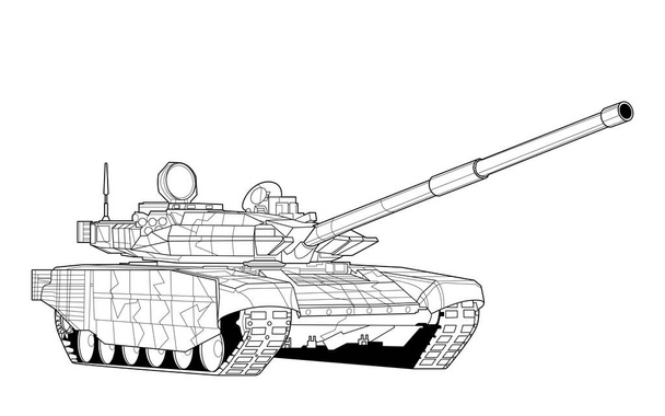 Línea de arte para adultos tanque militar para colorear página para libro y dibujo. Panzer moderno de guerra. Ilustración vectorial. Vehículo. Elemento gráfico. Esbozo de contorno negro ilustra Aislado sobre fondo blanco
 - Vector, Imagen