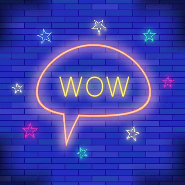 WOW Neon Light. Fundo de parede de tijolo azul. Padrão estrelado colorido com bolha de fala de desenhos animados
 - Foto, Imagem
