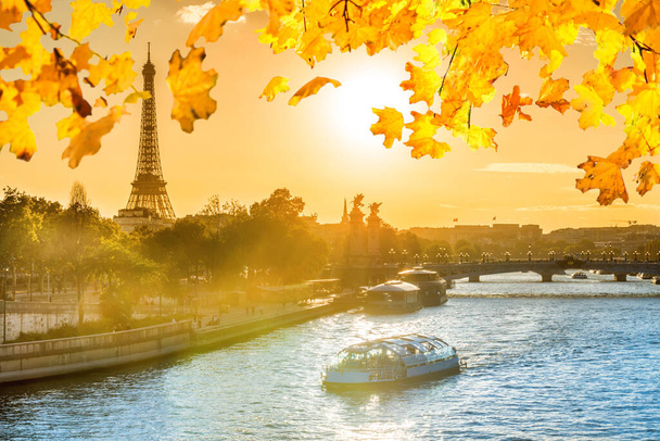 Beautiful sunset with Eiffel Tower and Seine river in Paris with orange autumn falling leaves, Paris France - Photo, Image