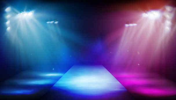 Stage podium illuminated by spotlights. Empty runway before fashion show. Colorful background. Vector illustration. - Vector, Image