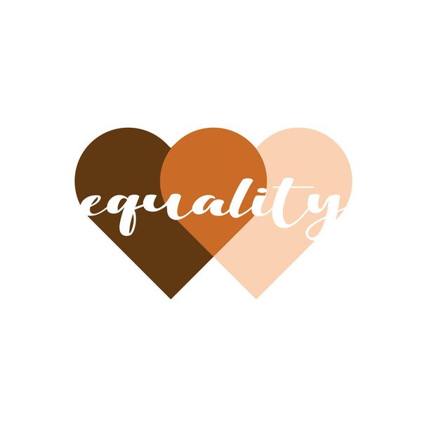 Equality heart vector illustration. No racism, black lives matter, skin color equality, lovely supportive graphic writing in two penetrating heart shapes in skin colors. Isolated. - Vektor, kép
