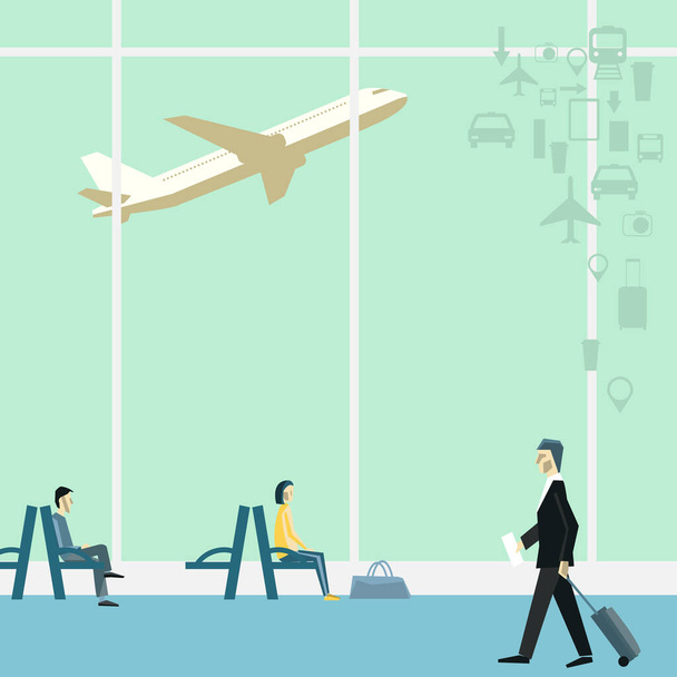 People at the airport. Vector background with travel icons. - Vetor, Imagem
