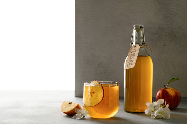 Hausgemachte fermentierte Kombucha oder Cider in einem Glas mit einer Scheibe frischem Apfel auf einem hellgrauen Steintisch. - Foto, Bild