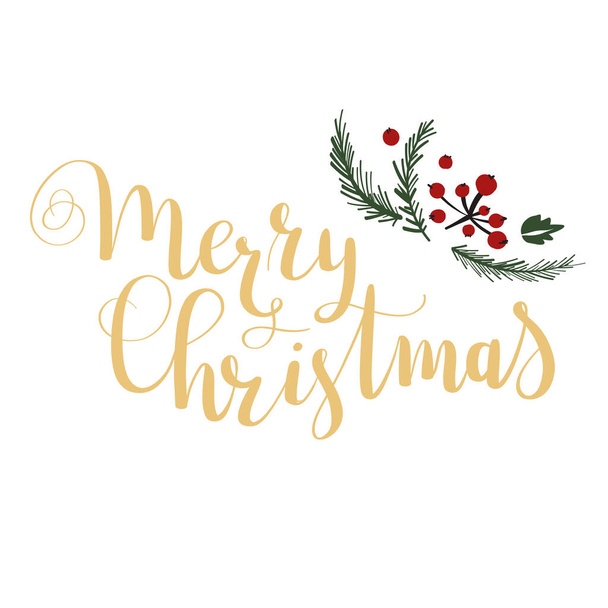 Merry Christmas lettering with hand drawn floral elements. - Vektör, Görsel