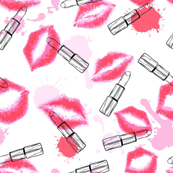 Vector naadloos patroon met rode kusjes en schets lippenstift. Roze lippen aquarel achtergrond. Design voor mode textiel print, verpakking. Concept make-up en cosmetica. - Vector, afbeelding