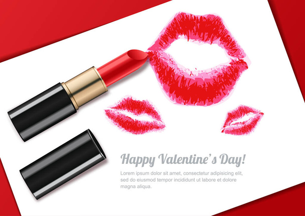 Vector acuarela ilustración aislada de los labios de las mujeres beso y lápiz labial rojo. Feliz día de San Valentín tarjeta de felicitación o banner plantilla de diseño. Fondo de belleza y maquillaje
. - Vector, Imagen