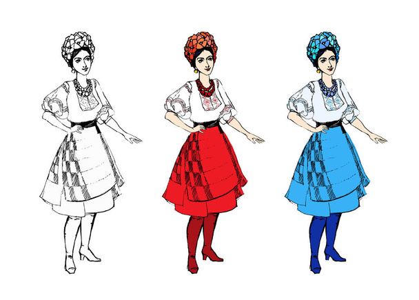 Set con chica de dibujos animados en blanco y negro y colorido en ropa de traje tradicional, mujer ucraniana aislada - Vector, imagen