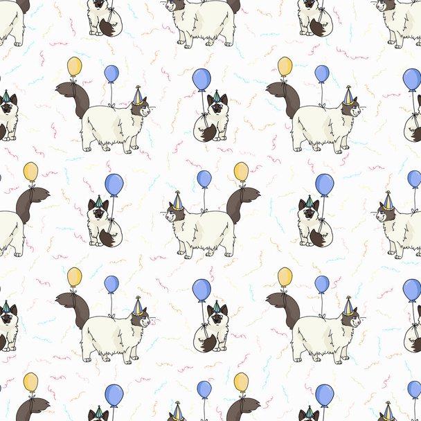 Cute cartoon Ragdoll cat and kitten with party hat seamless vector pattern. Pedigree kitty breed domestic background. Cat lover celebration all over print. Feline EPS 10. - Vector, Image