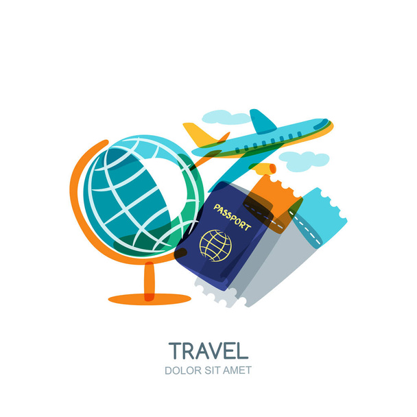 Seyahat ve turizm konsepti. Çok renkli küre, pasaport, uçak biletleri ve uçuş uçağı. Vektör çizimi izole edildi. Yaz tatili için son moda düz tasarım. - Vektör, Görsel