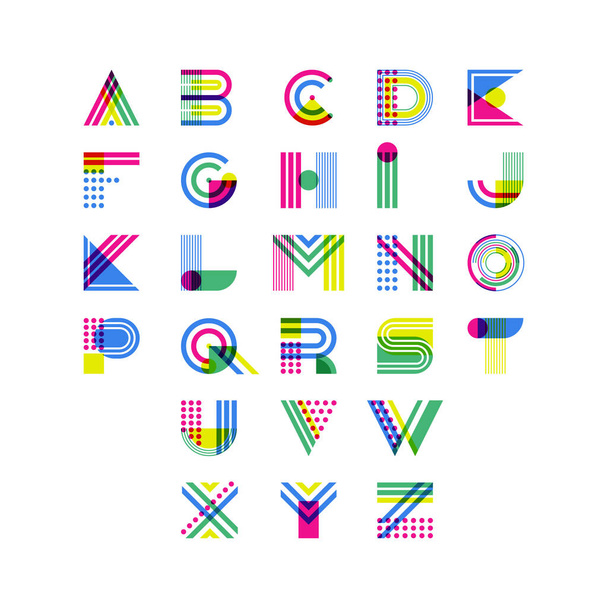 Colorful geometric alphabet. Latin decorative font symbols. Vector logo design elements. Overlapping creative font isolated on white background. - Vetor, Imagem