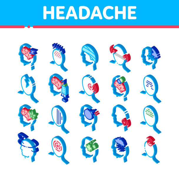 Ensemble d'icônes vectorielles pour éléments de maux de tête. Isometric Tension And Cluster Headache, Migraine And Brain Symptom Concept Pictogrammes. Illustrations de soins de santé en chef - Vecteur, image
