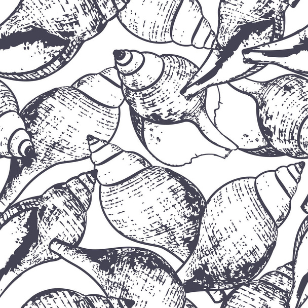 Vector seamless pattern with hand drawn outline spiral sea shells. Sketch style black and white background. Summer design for fabric and fashion textile print. - Vector, Image