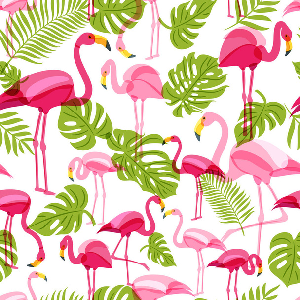 Vektormentes minta rózsaszín flamingóval és zöld pálmafalevéllel. Nyári trópusi háttér. Trendi kialakítás szövet- és textilnyomtatáshoz. - Vektor, kép
