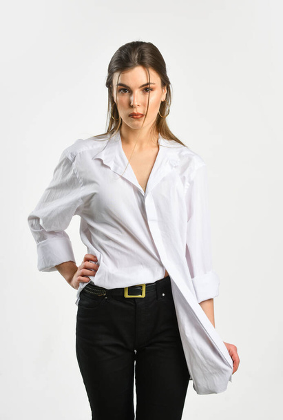 woman isolated on white. sexy woman wear office shirt. female beauty and fashion. stylish businesswoman. elegant fashion model. girl follow dress code. her casual style - Foto, imagen