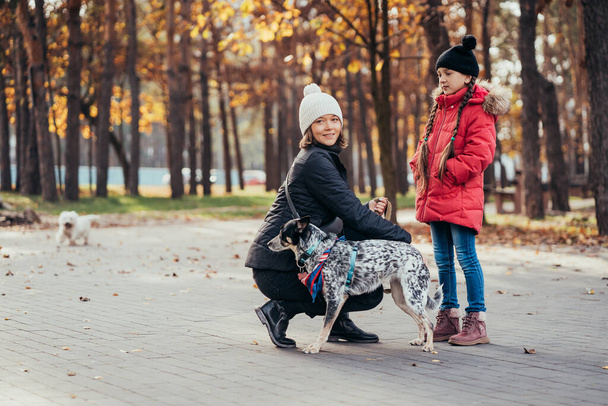 Szczęśliwa matka i jej córka bawią się z psem w jesiennym parku - Zdjęcie, obraz