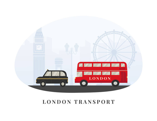 Londen, Verenigd Koninkrijk toerisme. Bezienswaardigheden en symbolen van Engeland - Big Ben, dubbeldekker rode bus, taxi, taxi.  - Vector, afbeelding