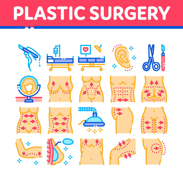 整形外科クリニックコレクションのアイコンセットベクトル。はさみとメス医師の楽器、胸と腹部の締め付けプラスチック外科の概念線形ピクトグラム。カラーイラスト - ベクター画像